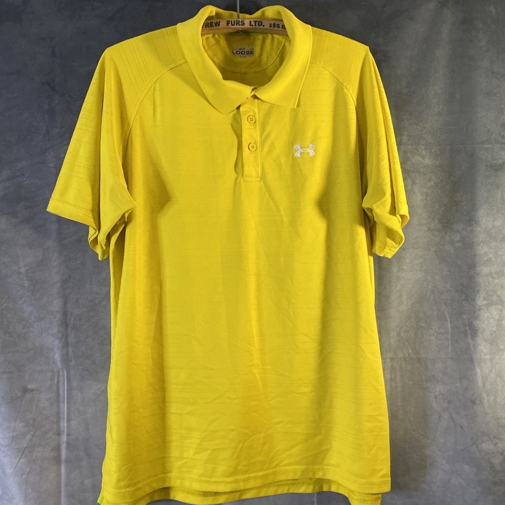 Under Armour Mens HeatGear Loose Polo Shirt Yellow Striped Golf Top Large LG
